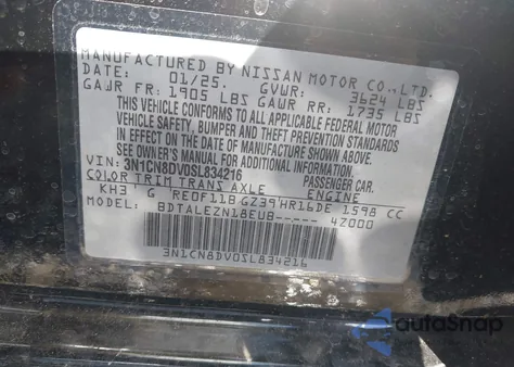 2025 Nissan Versa 1.6 S z USA, uszkodzony, nr VIN 3N1CN8DV0SL834216